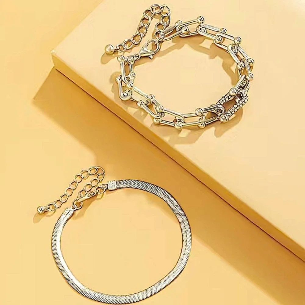 Sterling Silver U Link Rhinestone Multilayer Two Piece Herringbone Bracelet